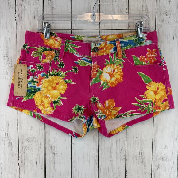NWT Denim & Supply Ralph Lauren Pink Tropical Floral Mini Denim Shorts Size 30 - Picture 1 of 16